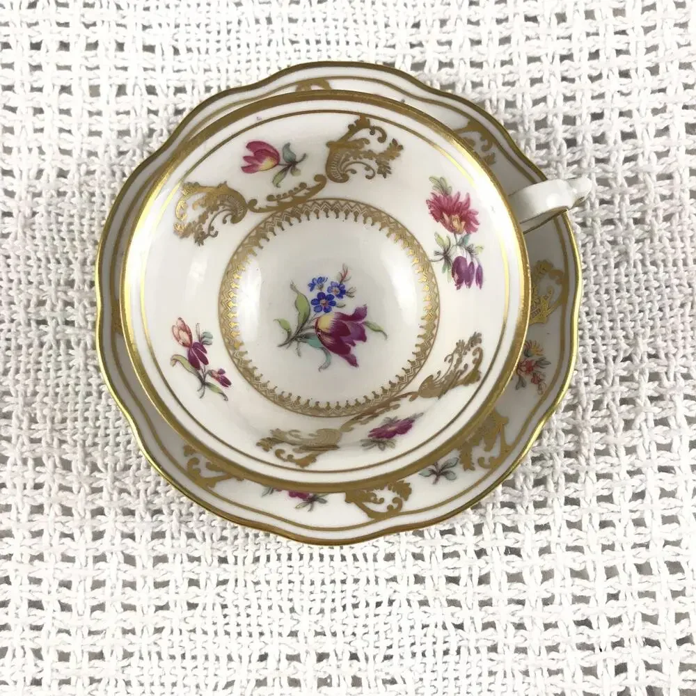 Teacup and Saucer Schwarzenhammer Bavaria Multicolor Floral Gold Details Vintage